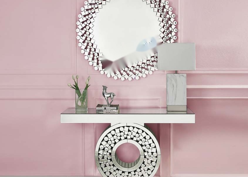 MDF+Mirror Console Table with Faux Gems Inlay and Silver or Customize Finish