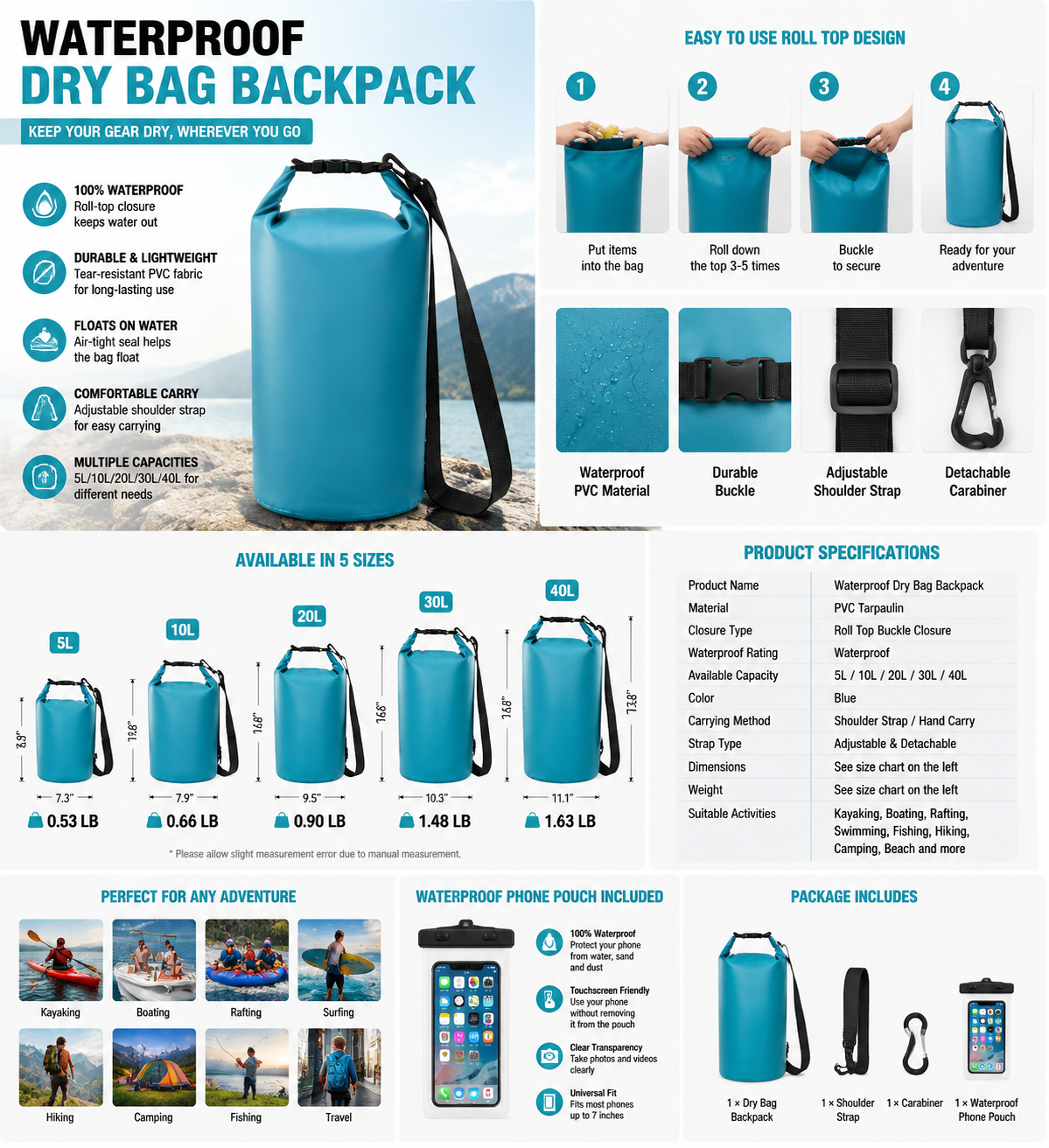Floating Waterproof Dry Bag Backpack 5L 10L 20L 30L 40L, Roll Top Waterproof Sack with Phone Case for Kayaking, Rafting, Boating, Swimming, Camping & Outdoor Adventures
