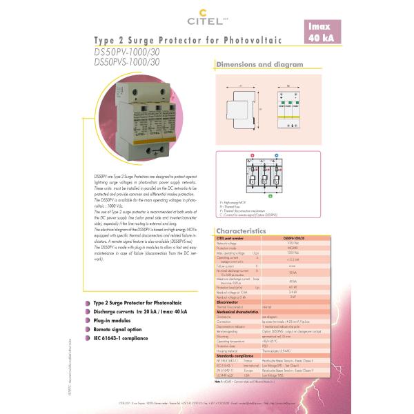 Предохранение от молнии DC DS50PV-30-30, Arrester молнии DC уровня IP20