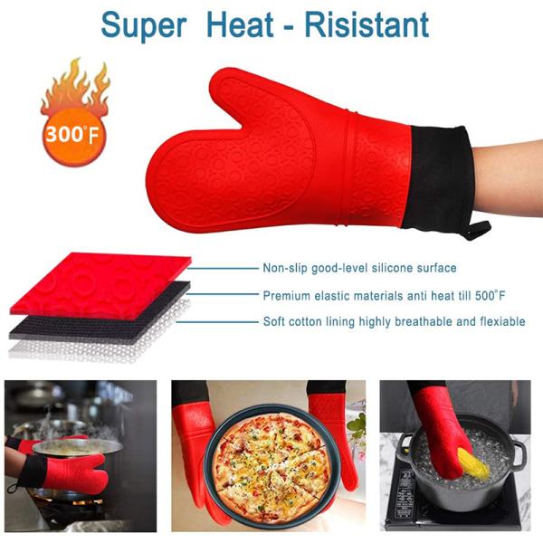 Double Oven Mitts for Kitchen Cooking BBQ Baking Heat Resistant Silicone Hand Gloves