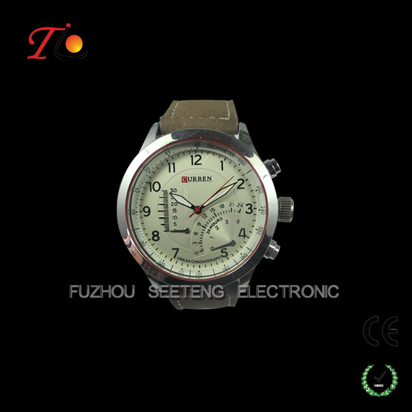 Hot sell luxury men curren watches for men with leather band and three bars