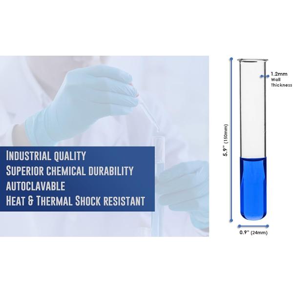 Test Tubes, 50ml - Borosilicate 3.3 Glass - 1.2mm Thick Walls, Beaded Rim - Superior Heat & Chemical Durability