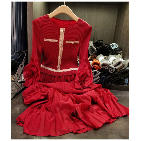 European Station Mid-Length Pleated Skirt New Fashion Neck Splicing Slim Dress Casual Chiffon Natural Waistline Day