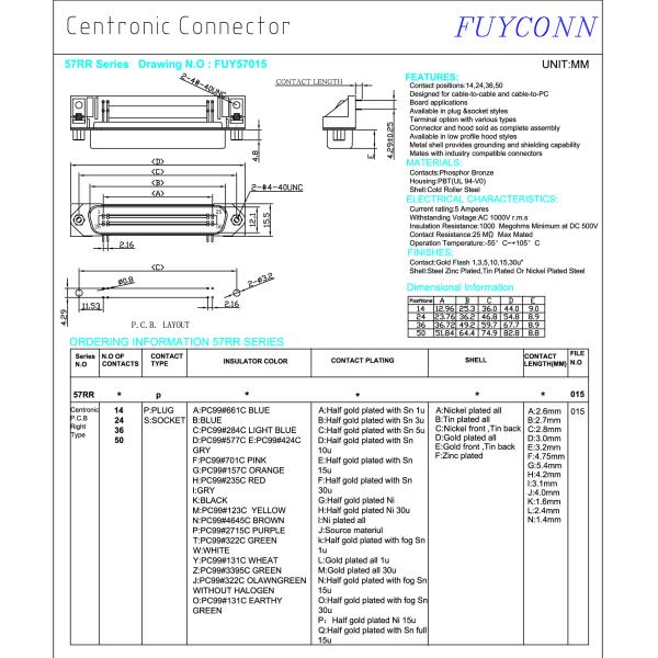 Чемпион разъема Centronics Pin мужчины 36, разъем принтера штепсельной вилки PCB