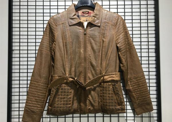 Brown Color Faux Pu Leather Coat For Mens Garment Dyed Technical With Belt