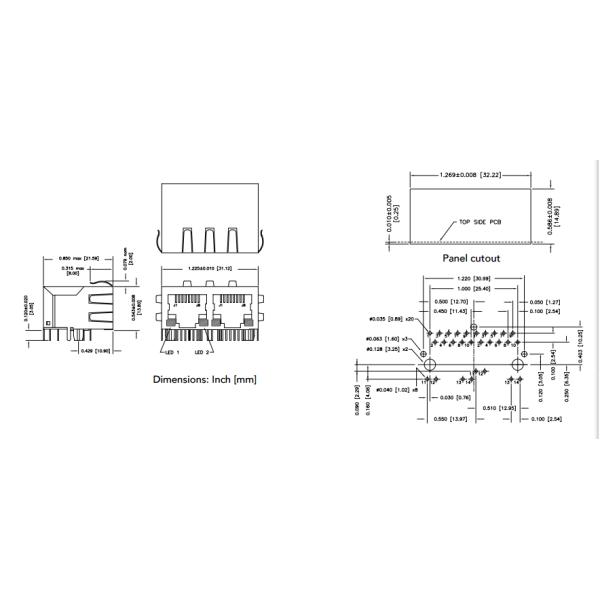 HFJ12-1G11ERL RJ45 Modular Ethernet Port Jack 1x2 With Magnetics Network Interface Module