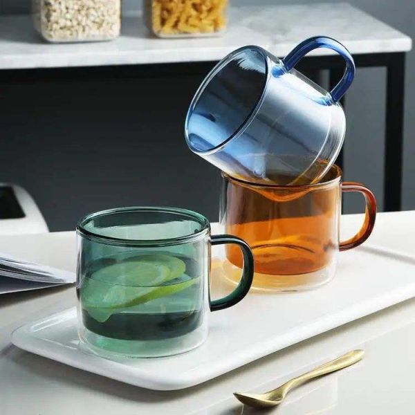 250ML Capacity Double Wall Glass Mug With Handle Coffee Cups Double Layer
