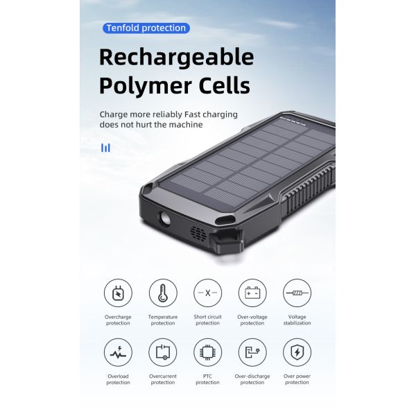 10000mAh Waterproof Solar Power Bank Portable Charger LED Light Cable External Battery Pack