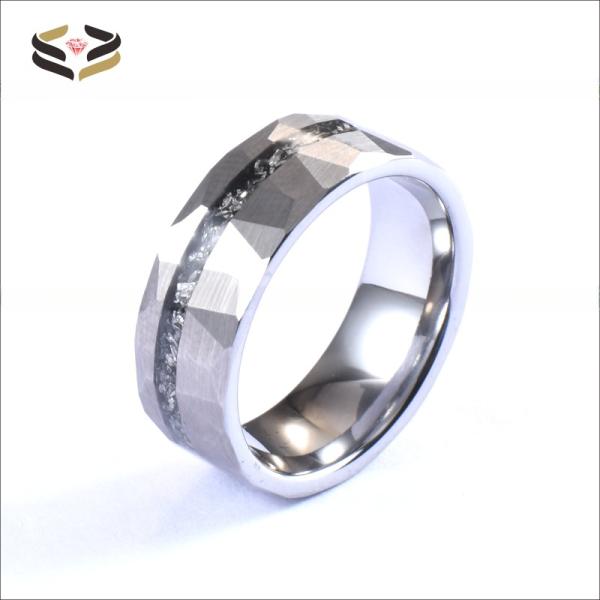 8mm Tungsten Silver Hammered Meteorite Inlay Ring for Men's Shaving Wedding