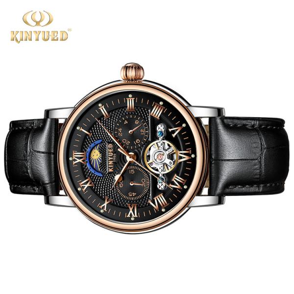 KINYUED Tourbillon automatic mechanical movement genuine leather waterproof  wrist watch