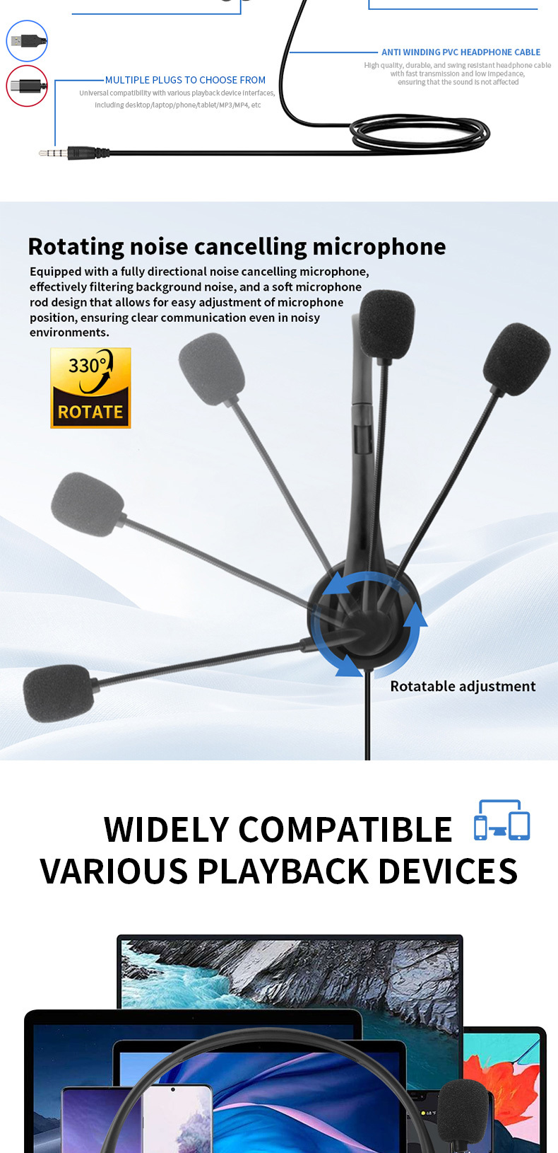 JTY-430 professional call center earphones with microphone, multiple plugs USB/Type-C/3.5mm wired earphones, comfortable to wear earphones, suitable for online learning and business conference calls