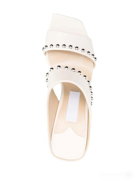 White Lambskin Ladies Block Heel Sandals Metallic Dome Rubber Outsole