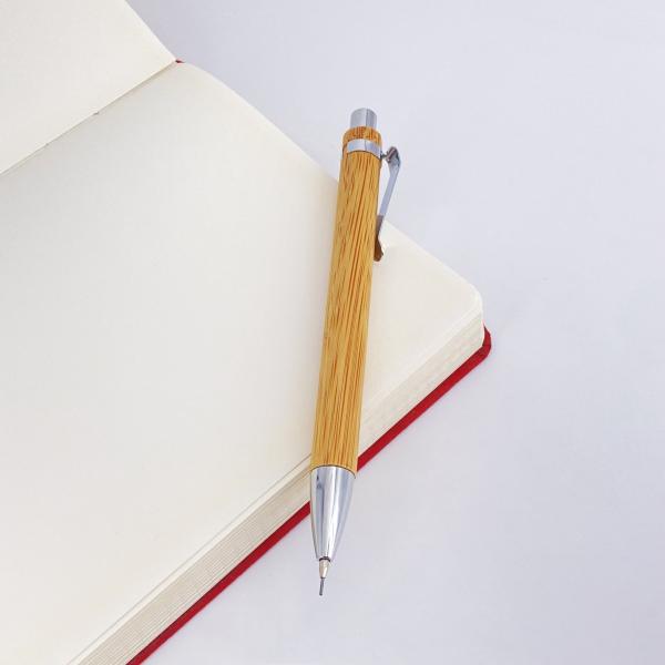 Escola de bambú de madera lápiz de prensa automática Eco amigable lápiz con clip de acero