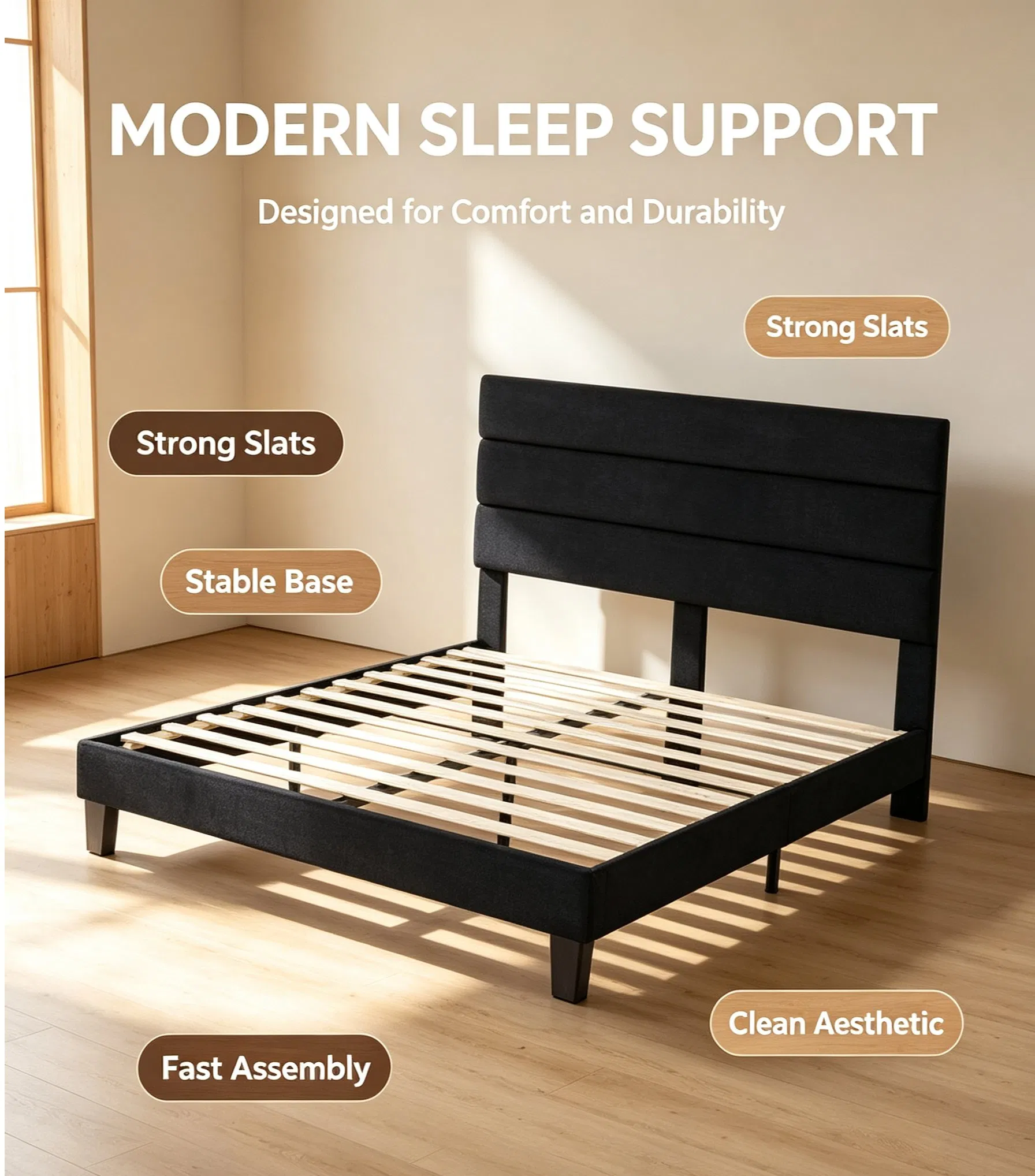 Minimalist Black Fabric Upholstered Bed with Layered Headboard