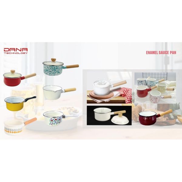 Customized Logo Small Enamel Saucepan 550ml Warmer Pot With Wooden Handle