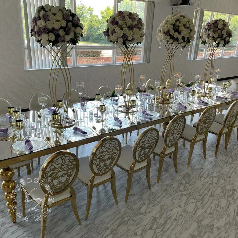 Modern Heavy-Duty Metal Legs Banquet Table with Gold Stainless Steel & MDF Top for Hotel Wedding Dining Outdoor Living Room Use
