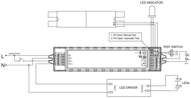 5W 3hour duration time 20-60Vdc Non-maintained emergency pack with Self Test & Manual Test Switchable