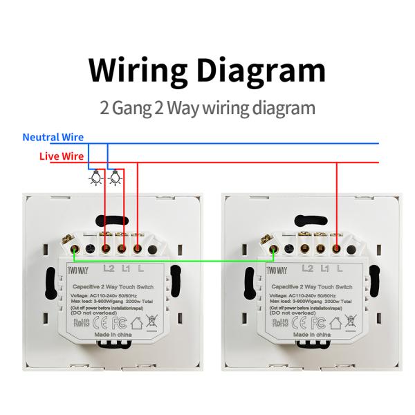 2Gang 2Way Dual Switch Black Tempered Glass Single Live Wire Control Panel Stair and Bedroom Switch