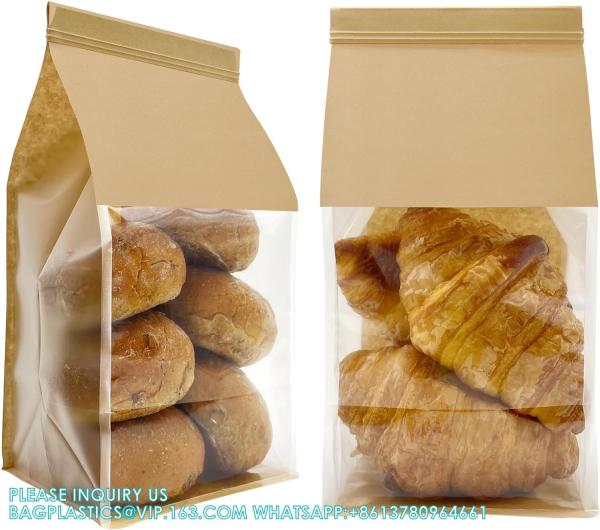 Large Kraft Paper Bread Bags Homemade Bread Loaf Bags 14 X 8.3 X 3.5 With Tin Tie Tab Lock Clear Front Window