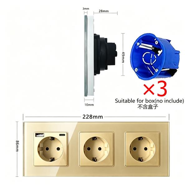 Wall Switch and 1usb type-c Socket with Round Mounting Box 3500W Rated Power and Tempered Glass Panel 