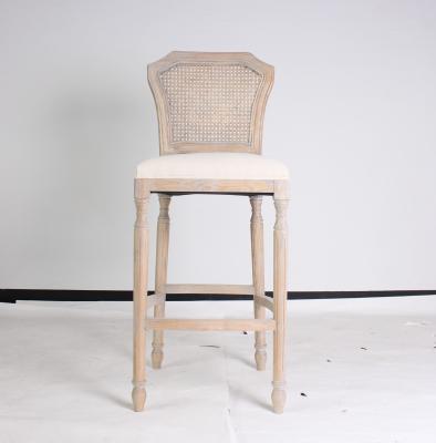 Wholesale event odd country style bar stool chair rattan back antique bar stools wooden carved with linen fabric barstoo