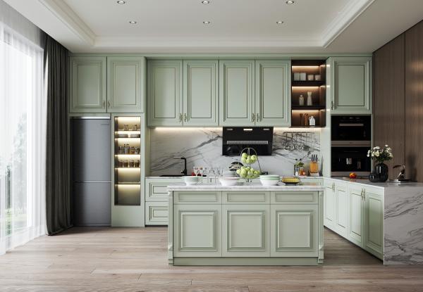 American Shaker Style White PVC Island Kitchen Cabinet RTA Kitchen Cabinet With Island