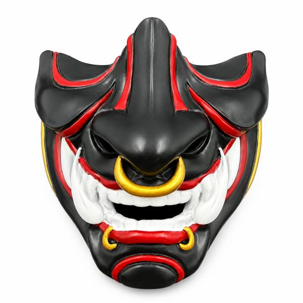 Resin Demon Half Face Mask, Black Red Oni Style Costume Mask with Gold Ring Accents for Adults, Halloween Cosplay, Masquerade Party, Festival Outfit, Photo Shoot and Stage Performance