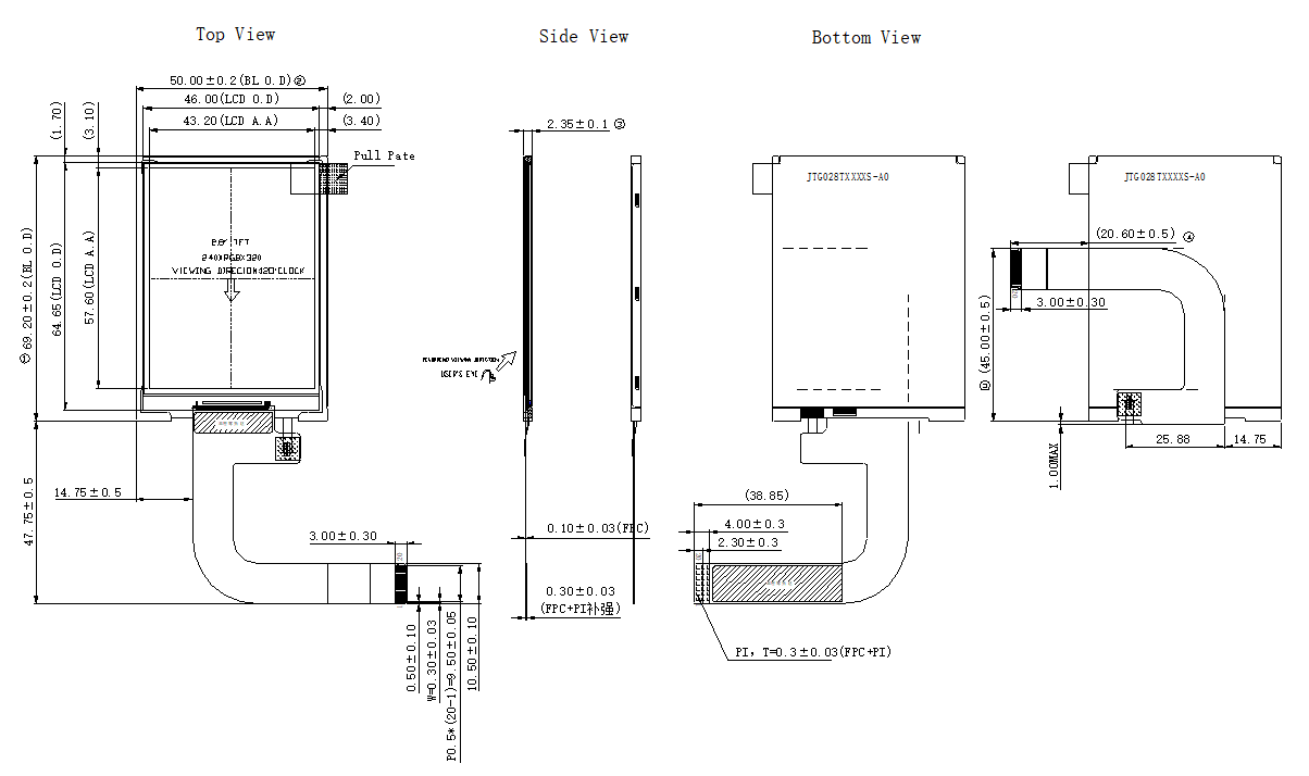 240x320 Resolution TN Industrial TFT LCD Display Panel 2.8 Inch 250cd/M2 Luminance