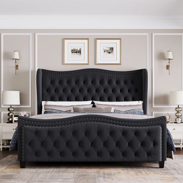 Kainice Luxury White Velvet Upholstery Deep Button Headboard for Queen Beds Shelter Side Wavy Tufted Design Bed Frame