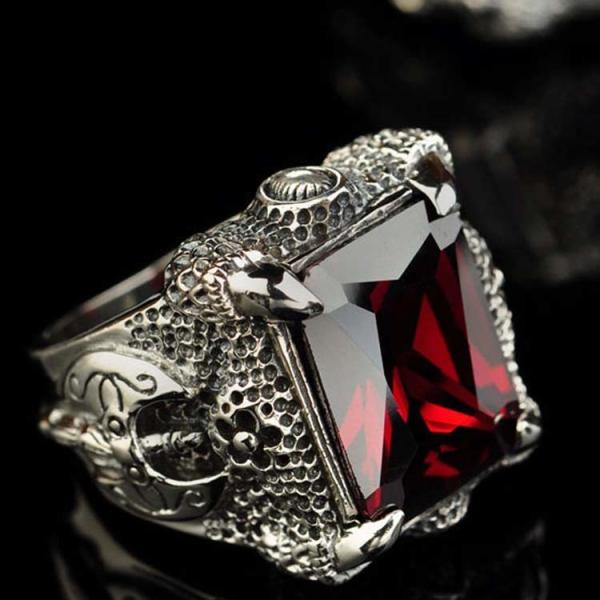 Mens Thailand Retro Dragon Sterling Silver Ring with Created Garnet(023605WRED)