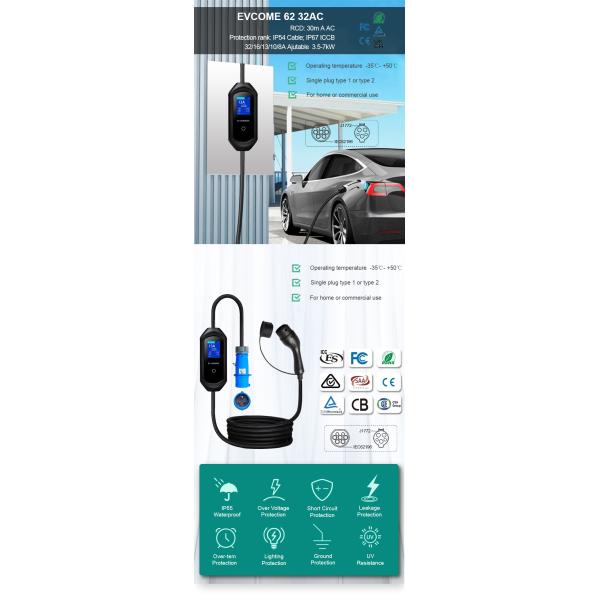 Adjustable Portable Ev Charger 220V 3.6KW 7KW 11KW MAX 32A IEC 62196 SAE J1772 GBT 20234