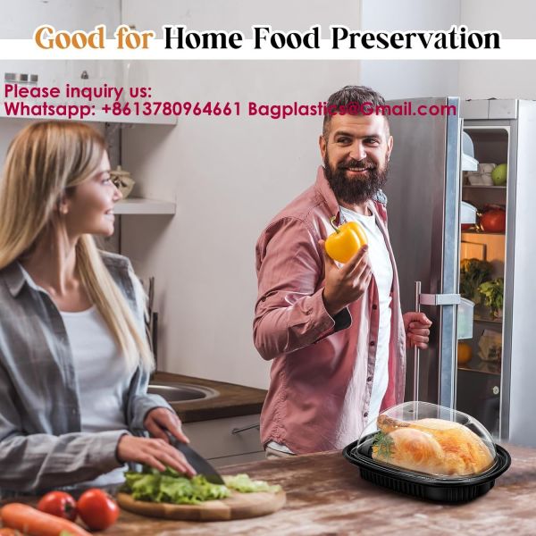 Large Rotisserie Chicken Roaster Container With Lids Black Plastic Chicken Food Storage Container Carrier Without Handle Rectangular Take Out Reusable Storage High Dome Clear Lid