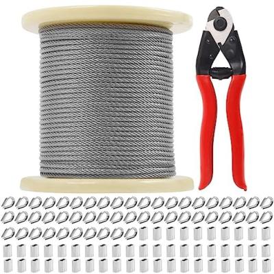 1/8 carretel de aço inoxidável do fio com cortador, 328FT que os aviões cabografam 7X7 encalham a construção com 50pcs Crimpin