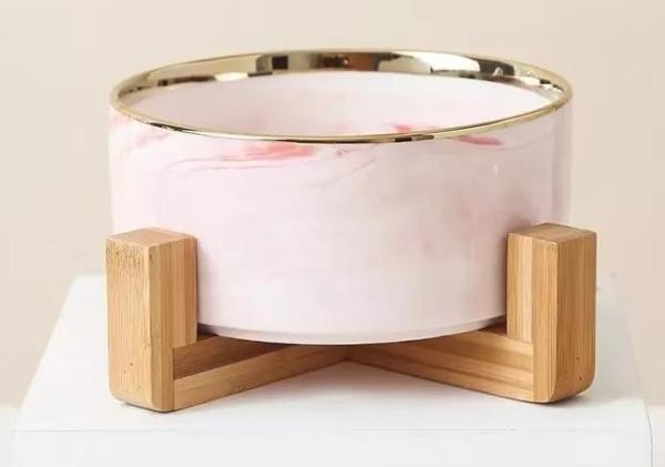 Gorgeous Marble Pattern Dog Pet Feeders Ceramics Dog Feeding Bowl With Bamboo Wood Stand