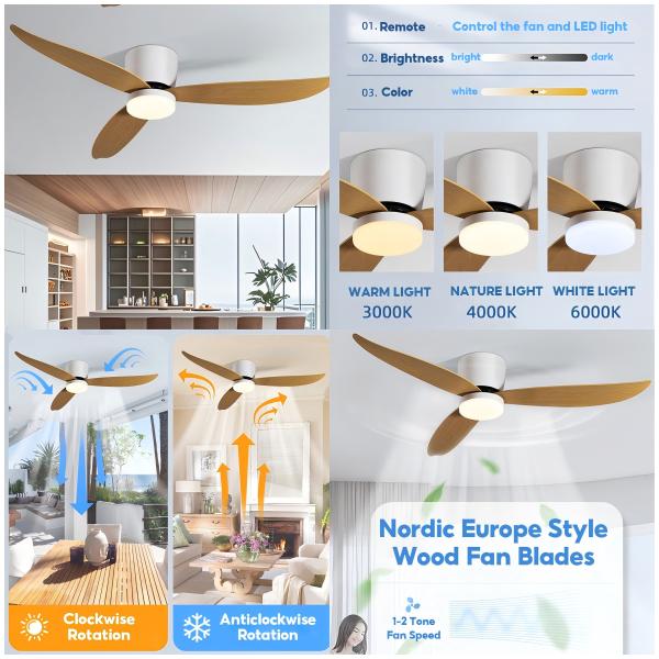 Fábrica mayorista de estilo moderno americano control remoto sala de estar dormitorio comedor Led ventilador de techo luz