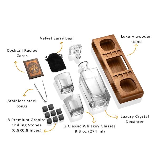 Custom Whiskey Decanter Set With Wood Stand and Chilling Stones for Party Celebrations