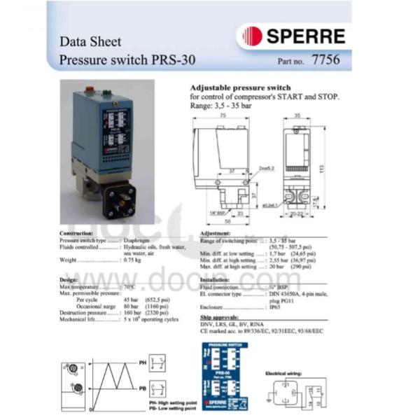 SPERRE  PRS-30 7756 Air Compressor Spare Parts Adjustable Air Compressor Pressure Switch