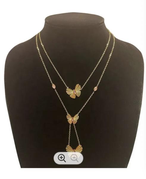 18K Gold Plated Stainless Steel Jewelry Double Chain Pink Zircon Butterfly Pendant Accessories Necklaces