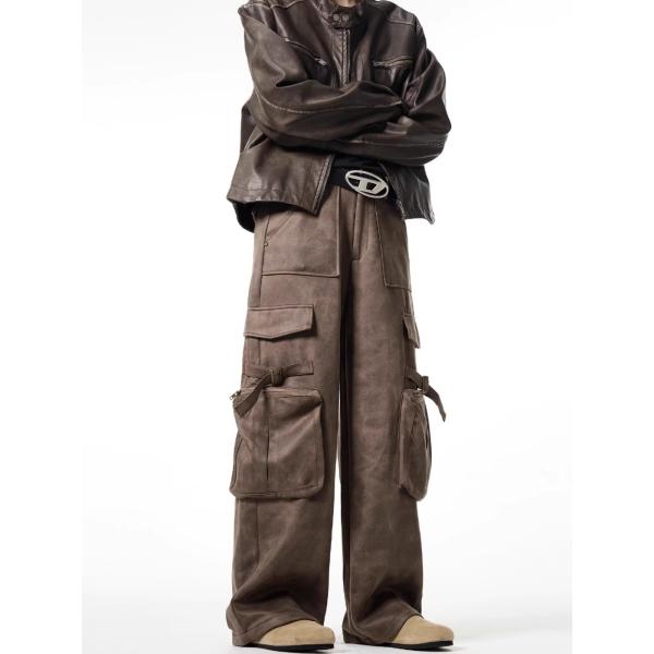 Loose Straight Leg Casual Trousers for Men Vintage Multi-Pocket Deerskin Overalls
