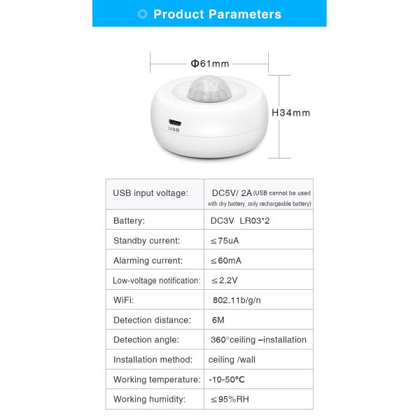 Датчик движения Tuya DC3V 60mA WiFi PIR 360 градусов динамических