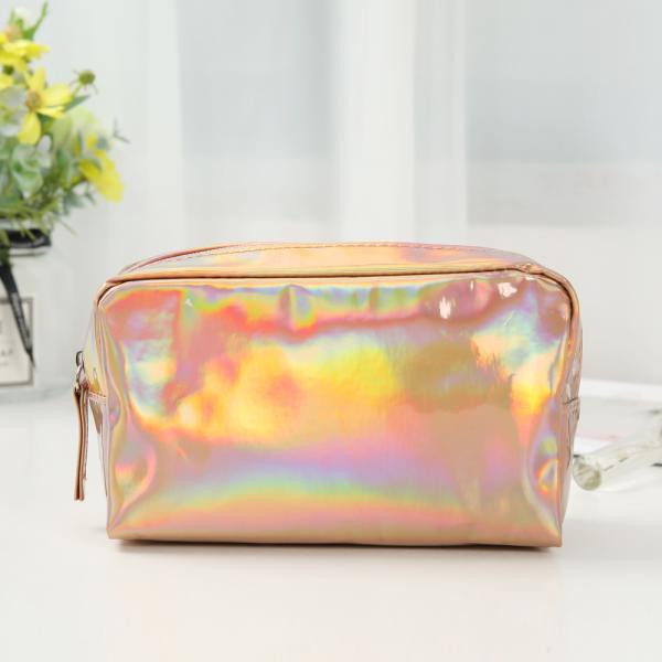 PU Cosmetic Bag Custom Logo Holographic Silver Purple Waterproof Zipper Pouch Rose Gold Makeup Bag Fashion
