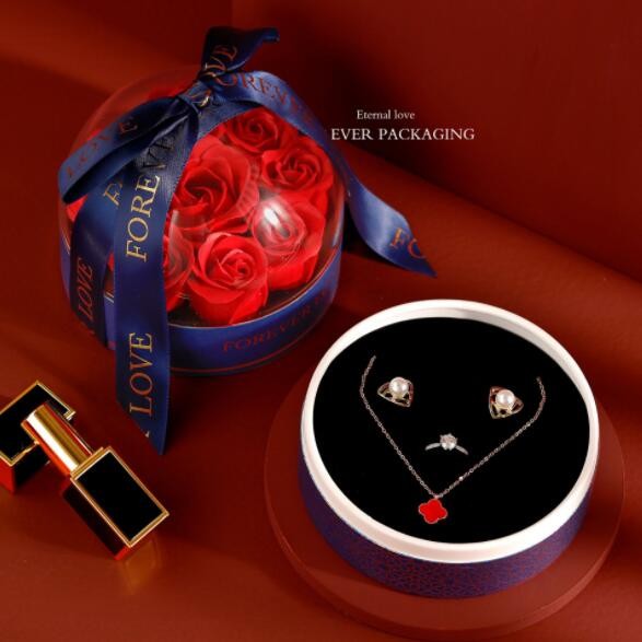 Rose Flower Small Jewelry Packaging Boxes Round Shape Art Paper Ribbon 122*122*130cm