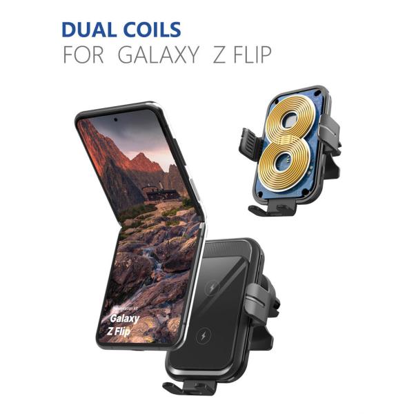 Dual Coil 15W Qi Fast Charging Auto Clamping Car Charger Phone Mount Designer Wireless Charger for Samsung Z Flip