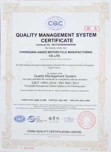 Chongqing Andes Motorcycle Manufacturing Co., Ltd. Сертификации
