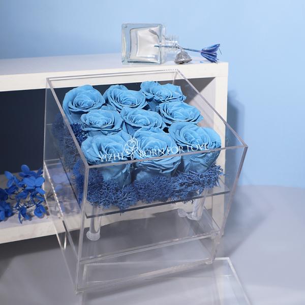 Acrylic Blue Exquisite Nine Eternal Roses Preserved Flowers For Valentine'S Day Gift