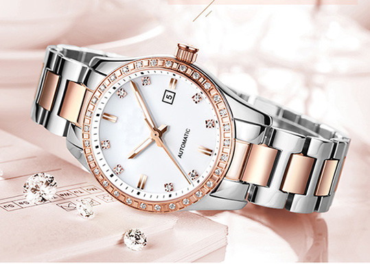Female Stainless Steel Automatic Watch 5 ATM Water Resistant Super Luminous