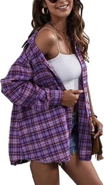                  Women′s Flannel Plaid Shirts Button Down Regular Fit Long Sleeve Casual Shirts Pure Cotton Oversized Blouse             