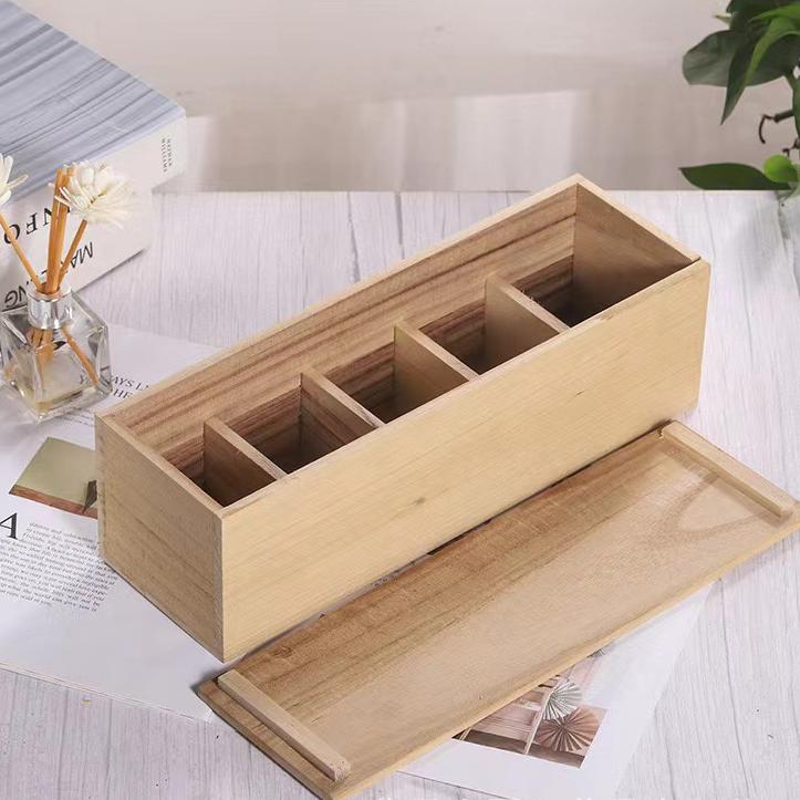 Hot Selling Wooden Compartmentalized Tea Gift Packing Box with Cover Desktop Items Storage Box Solid Wood Household Sorting Box