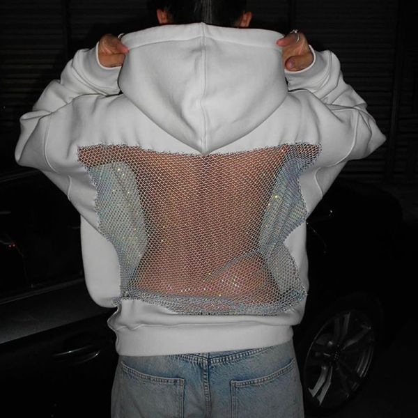 Customize Solid Rhinestone Bling Hollow Out Hoodie Backless Design Eye-Catching Must-Have Polyester/Cotton Oversized Breathable