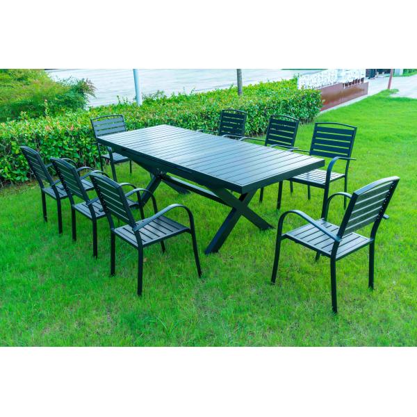 9 Pieces Black Plastic Wood Modern Outdoor Garden Furniture Table Set 8-10 Seater Extendable Patio Dining Table Chairs